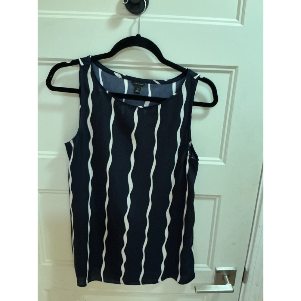 Ann Taylor Womens Navy Blue White Wavy Stripe Sleeveless Blouse Scoop Neck XS